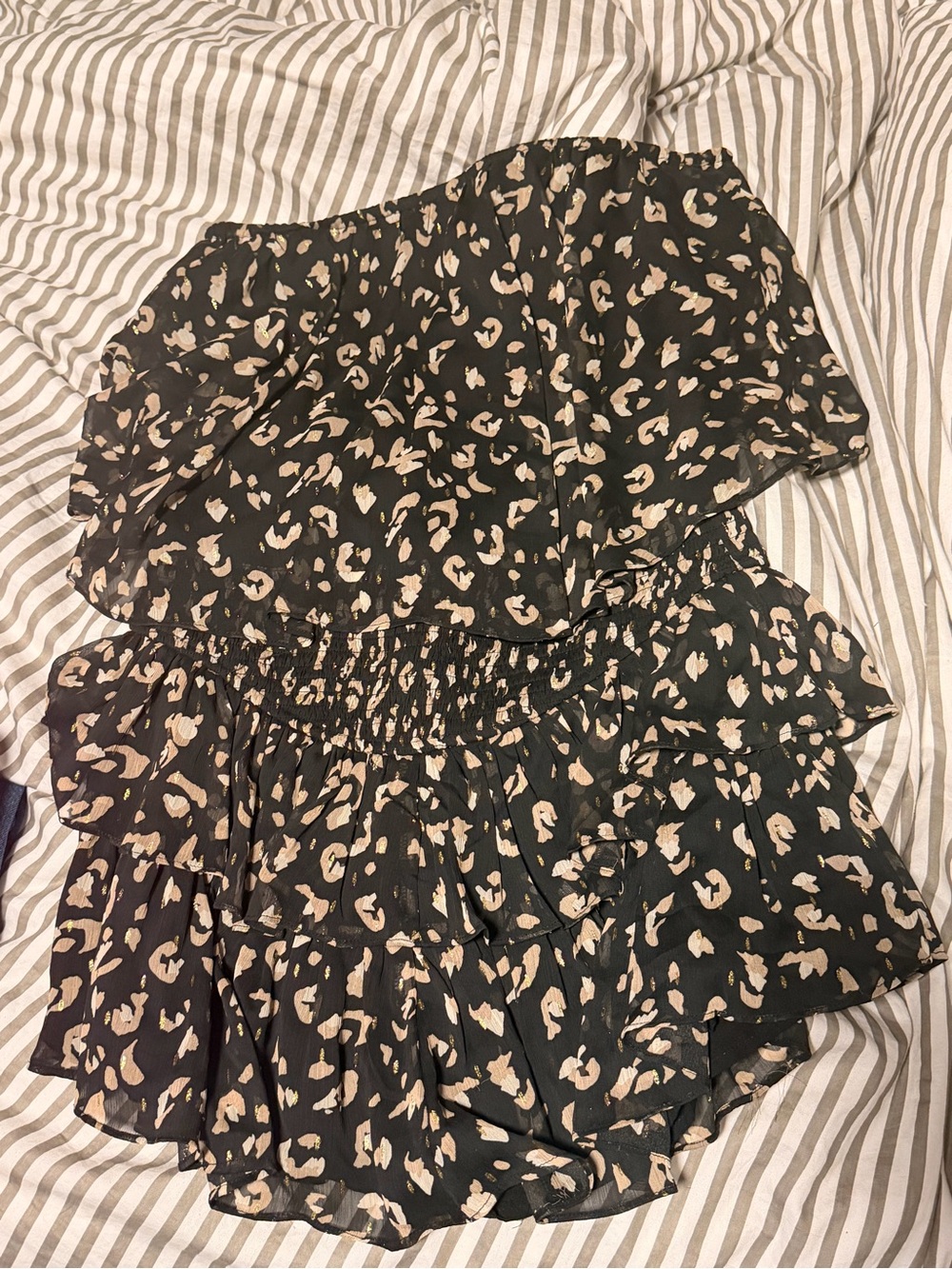 eesome Black and Cream Printed Strapless Romper with Ruffles